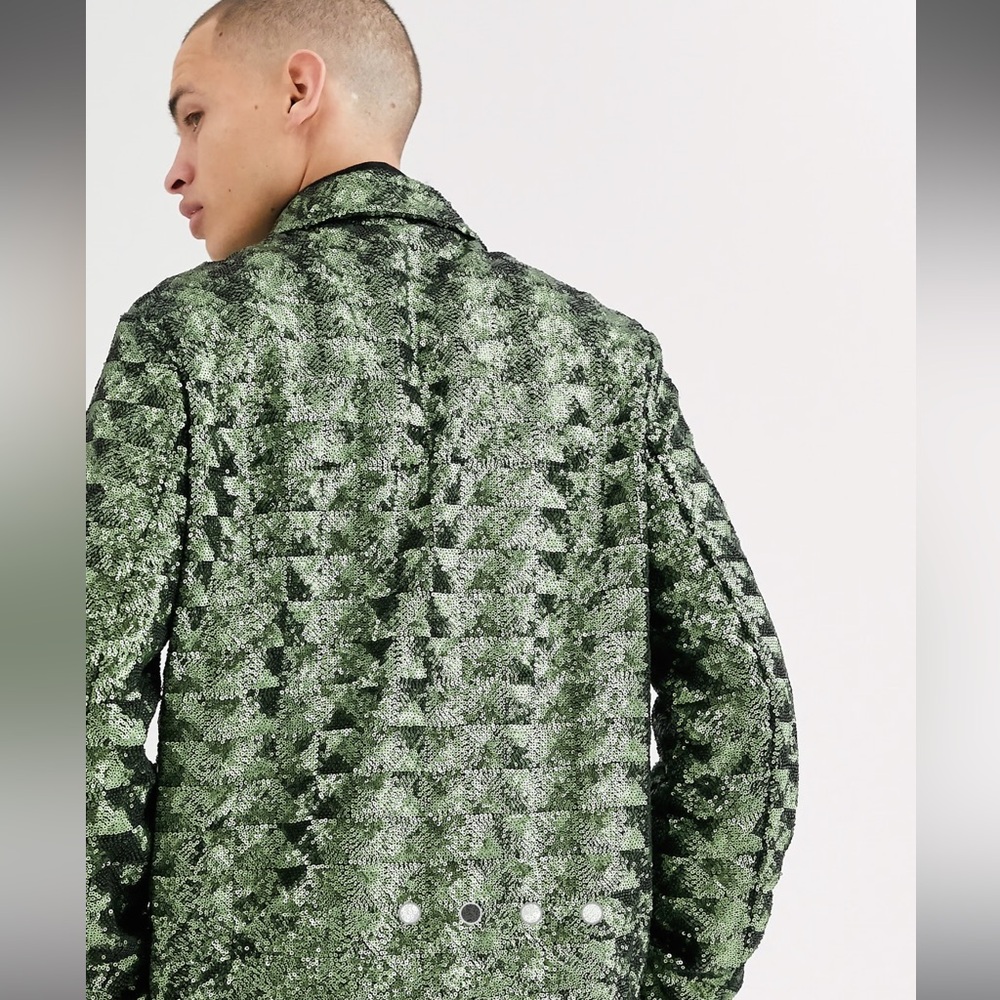 ASOS DESIGN Men’s Harrington Jacket in Green Sequin - Picture 5 of 6